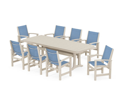 POLYWOOD® Coastal 9-Piece Dining Set with Trestle Legs in Sand / Poolside Sling
