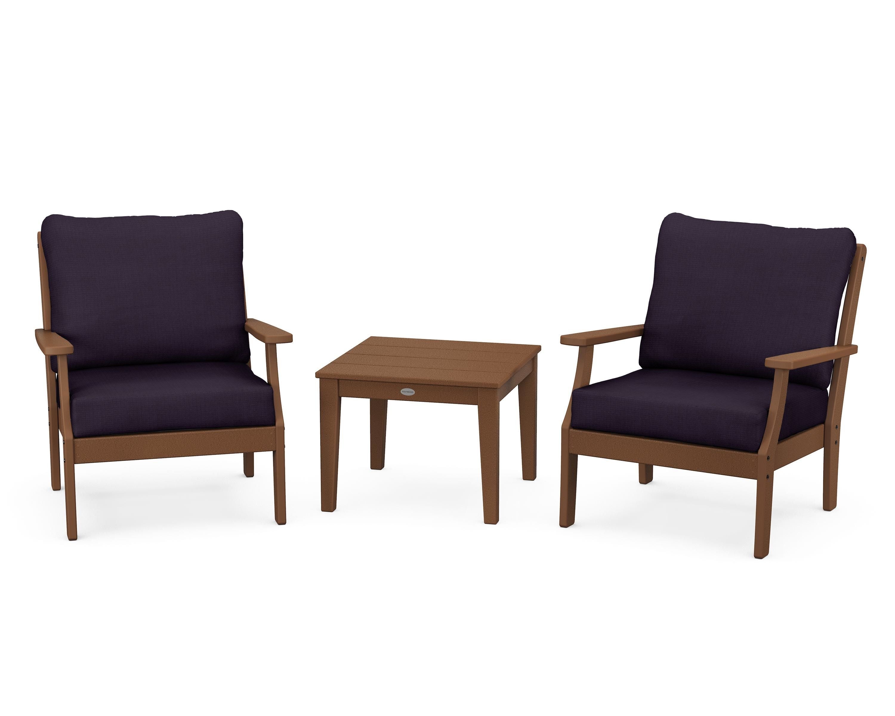POLYWOOD® Braxton 3-Piece Deep Seating Set in Teak / Navy Linen