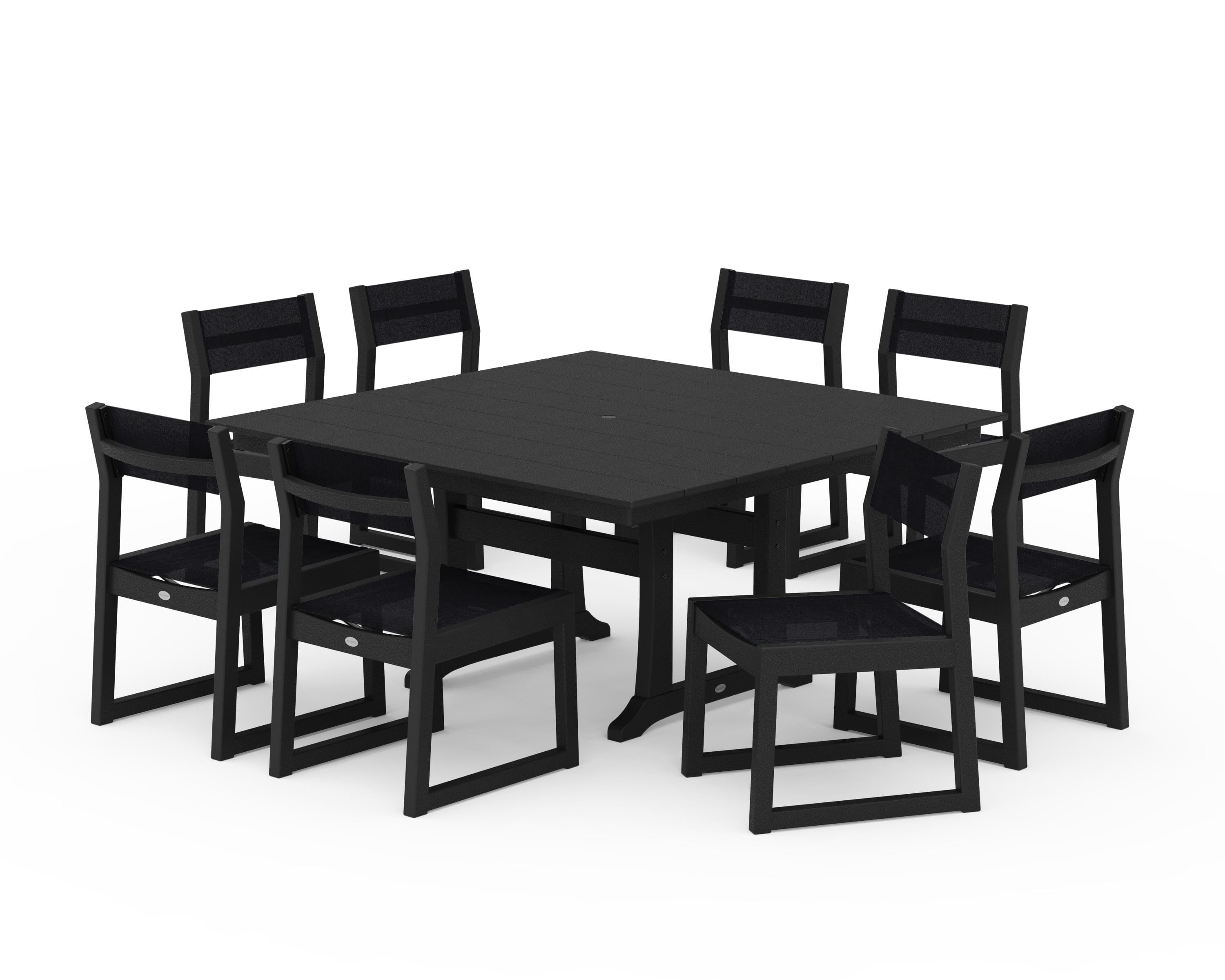 POLYWOOD® EDGE Sling Side Chair 9-Piece Farmhouse Trestle Dining Set in Black / Black Sling