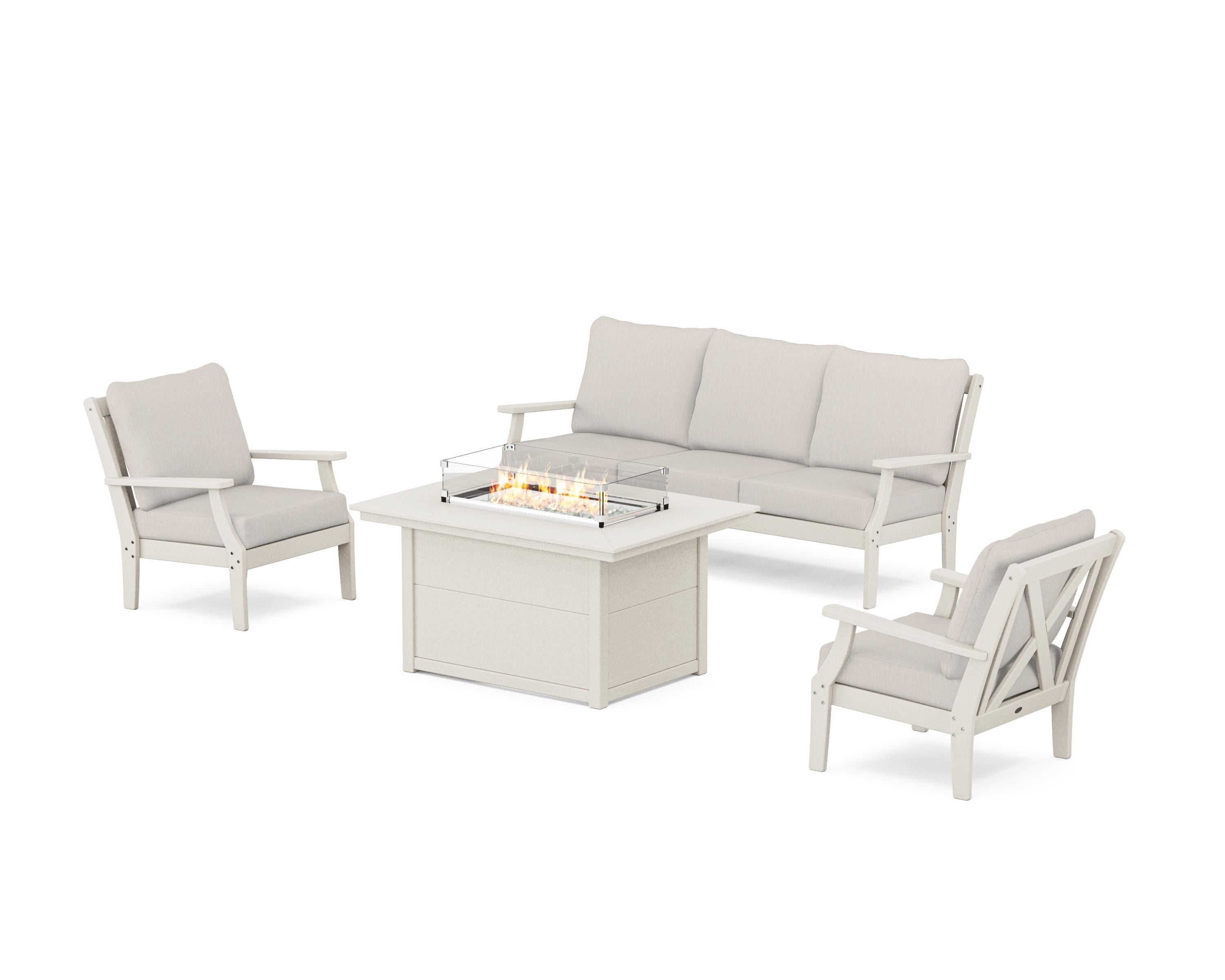 POLYWOOD® Braxton Deep Seating Fire Pit Table Set in Sand / Cast Ash