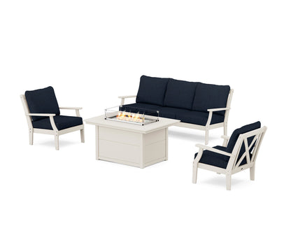 POLYWOOD® Braxton Deep Seating Fire Pit Table Set in Sand / Marine Indigo