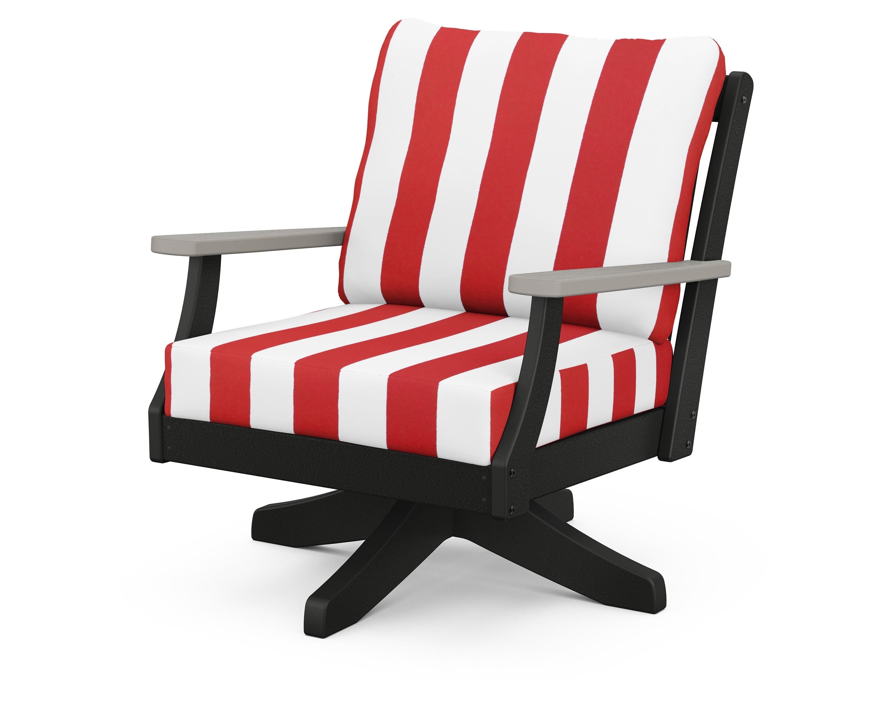 POLYWOOD® Braxton Deep Seating Swivel Chair in Black / Driftwood / Cabana Stripe Crimson