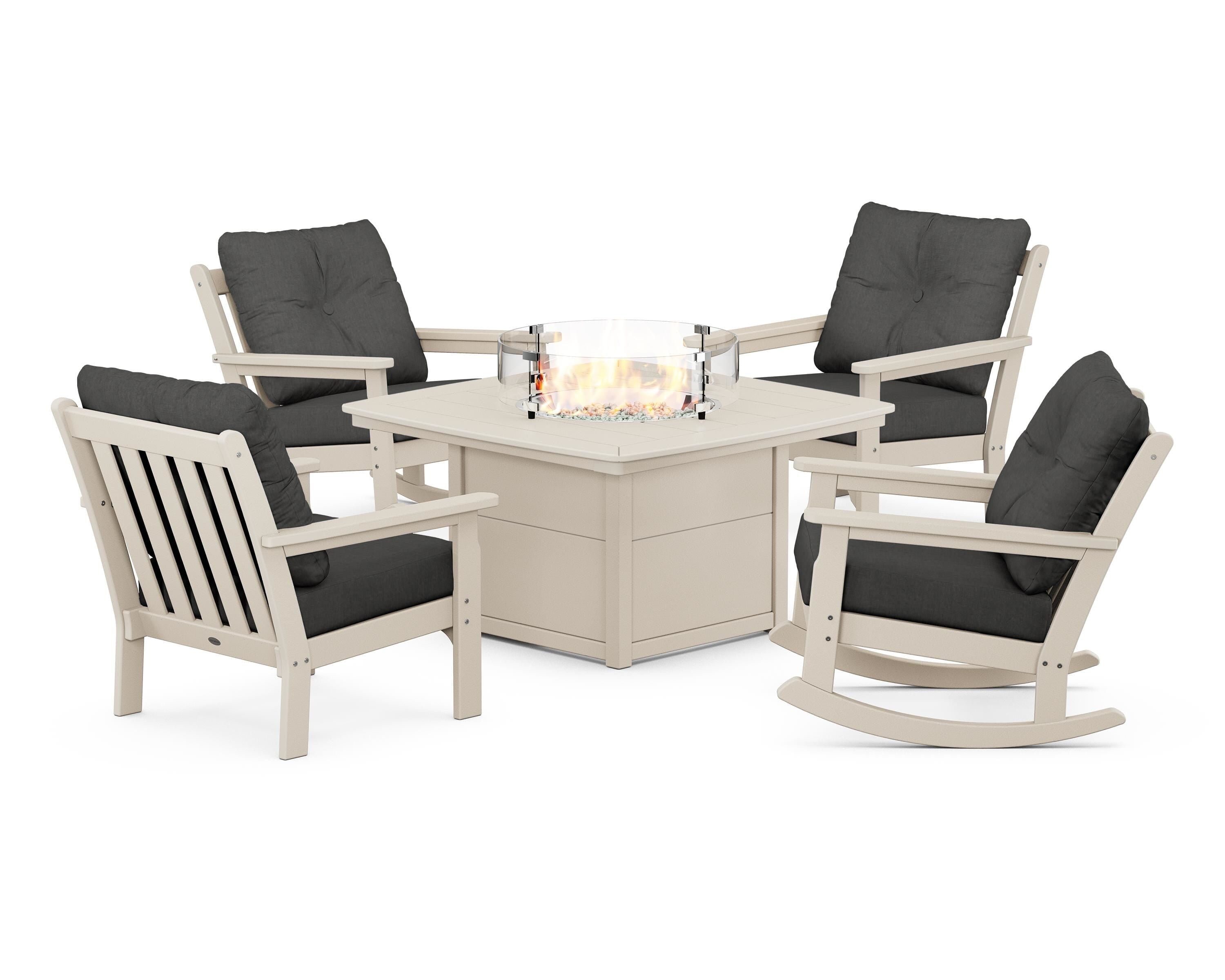 POLYWOOD® Vineyard 5-Piece Deep Seating Rocking Chair Conversation Set with Fire Pit Table in Sand / Spectrum Carbon