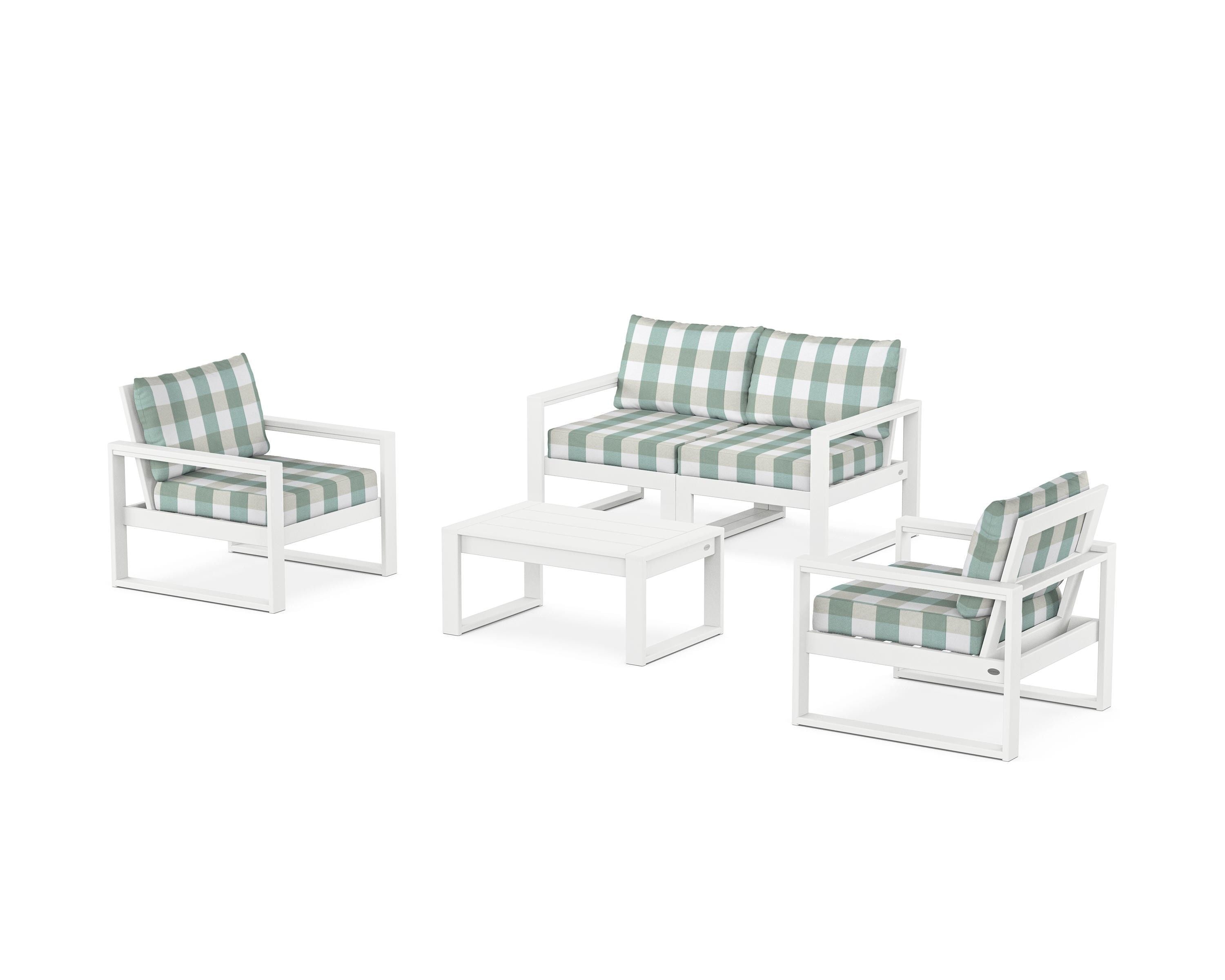 POLYWOOD® EDGE Sectional 4-Piece Deep Seating Set with Loveseat in White / Buffalo Plaid Glacier Spa