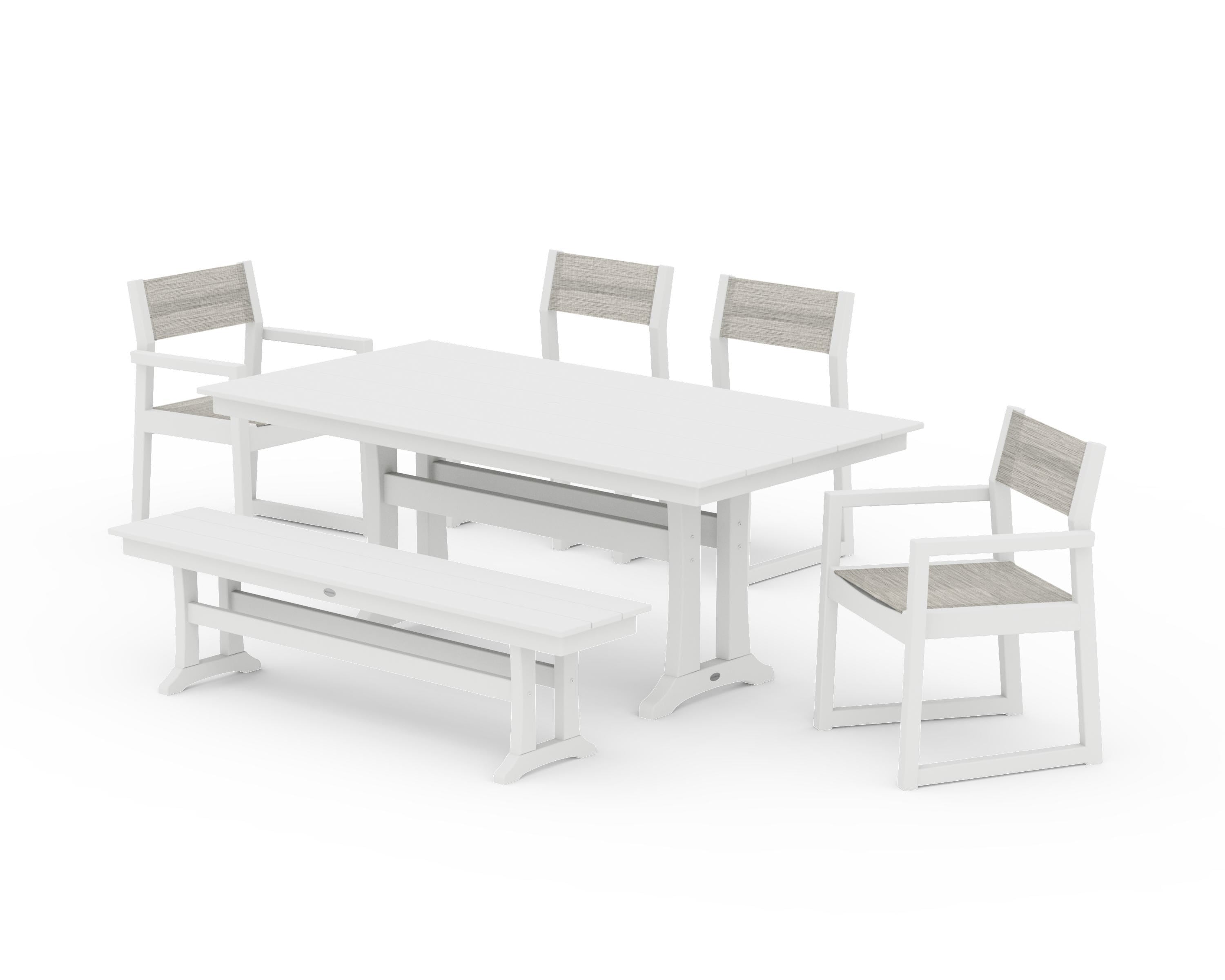 POLYWOOD® EDGE Sling 6-Piece Farmhouse Dining Set With Trestle Legs in White / Birch Sling