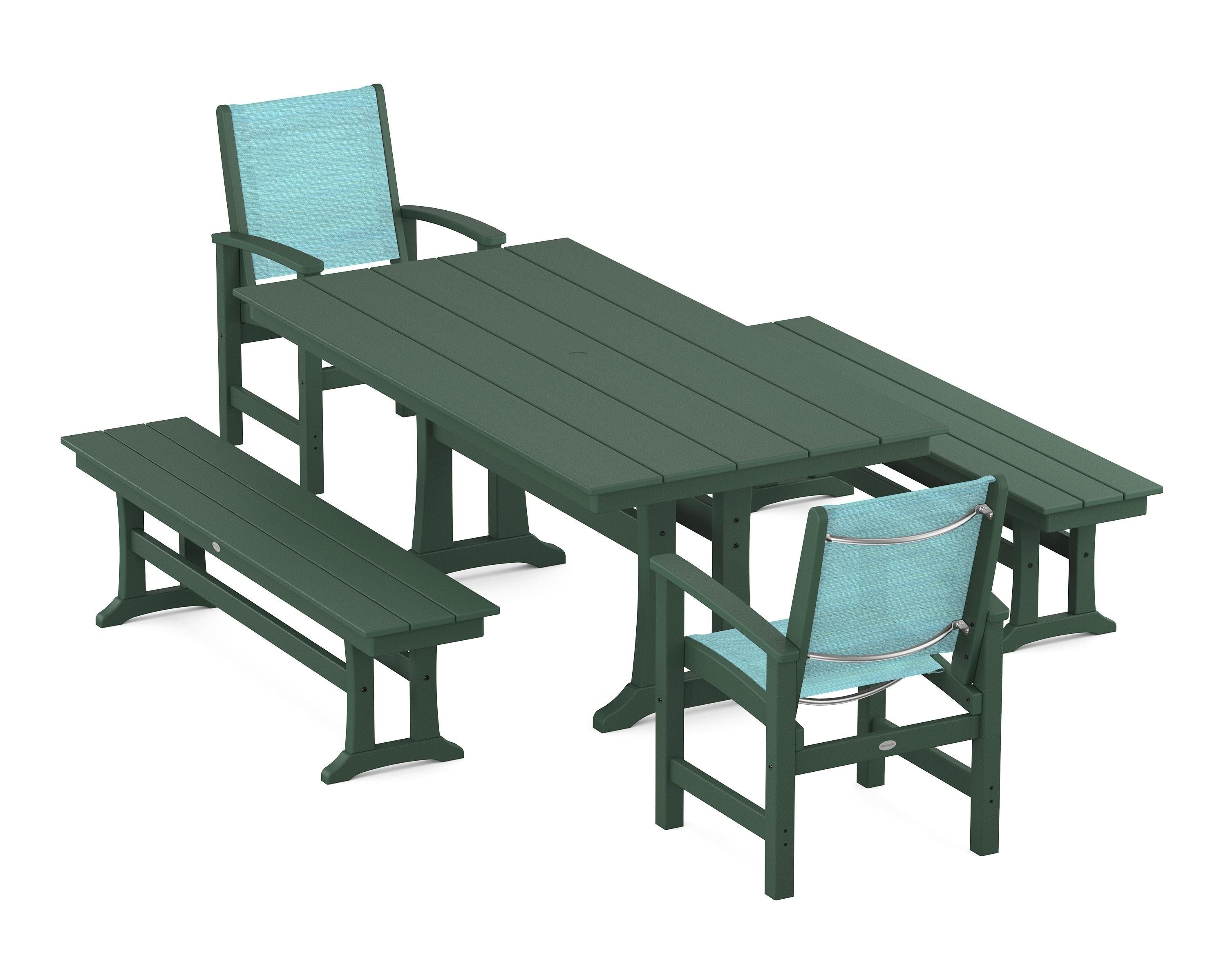 POLYWOOD® Coastal 5-Piece Farmhouse Dining Set with Trestle Legs and Benches in Green / Dupioni Aquamarine Sling