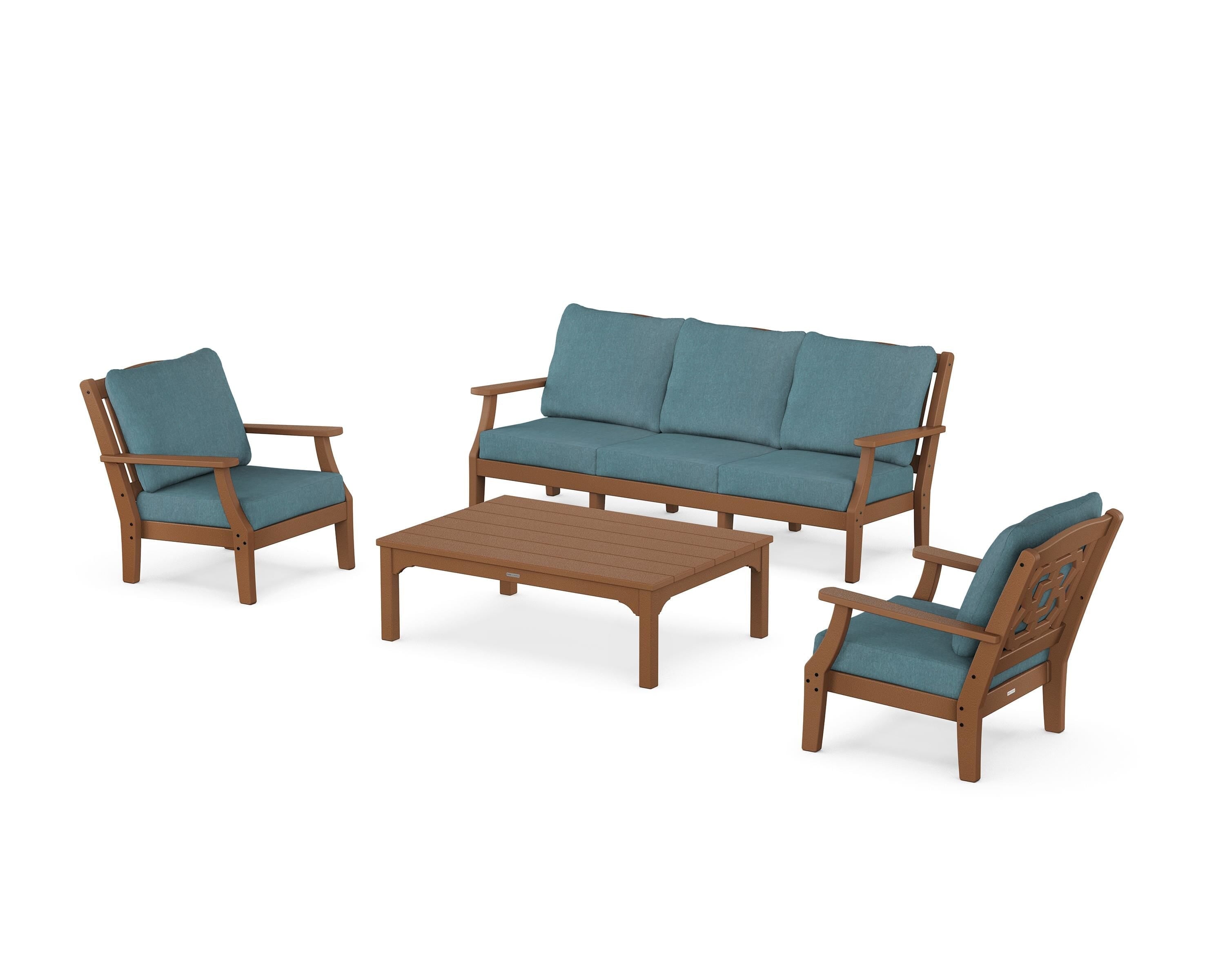 Martha Stewart by POLYWOOD® Chinoiserie 4-Piece Deep Seating Set with Sofa in Teak / Ocean Teal