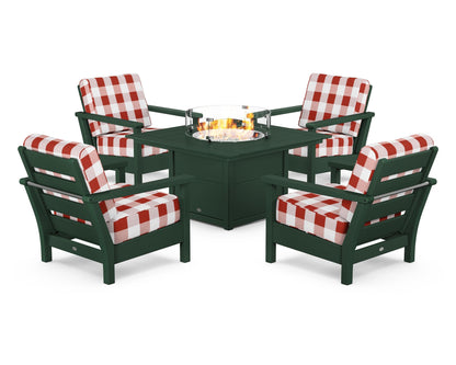 POLYWOOD® Harbour 5-Piece Conversation Set with Fire Pit Table in Green / Buffalo Plaid Crimson