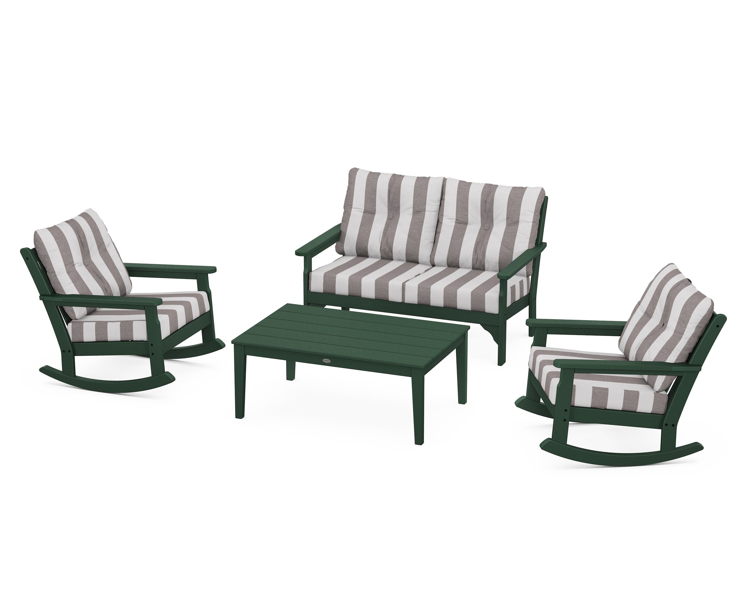 POLYWOOD® Vineyard 4-Piece Deep Seating Rocking Chair Set in Green / Cabana Stripe Grey Mist