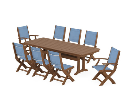 POLYWOOD® Coastal Folding 9-Piece Dining Set with Trestle Legs in Teak / Poolside Sling