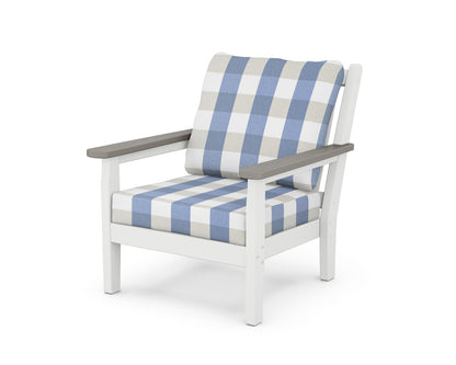 POLYWOOD® Chippendale Deep Seating Chair in White / Driftwood / Buffalo Plaid Sky Blue