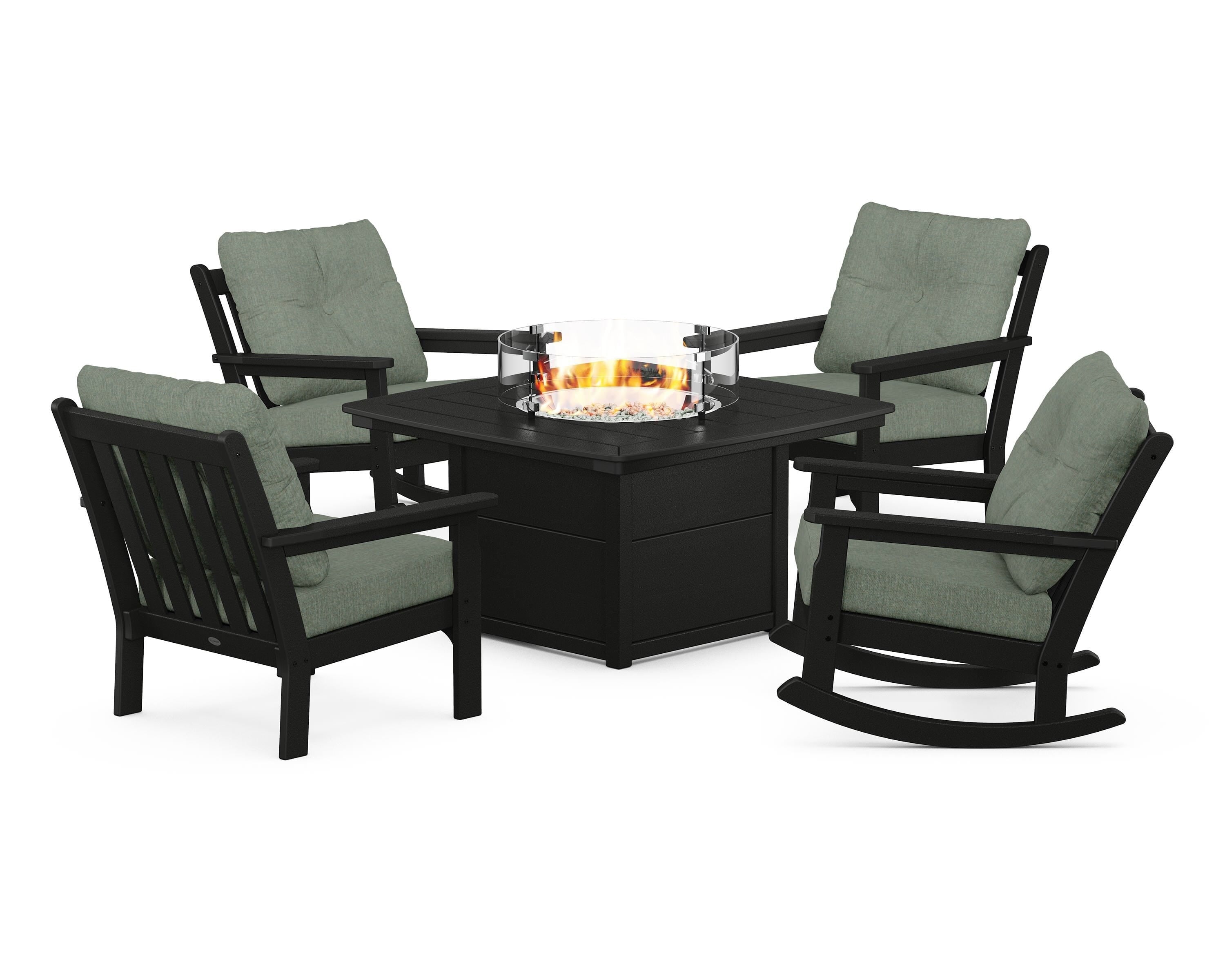 POLYWOOD® Vineyard 5-Piece Deep Seating Rocking Chair Conversation Set with Fire Pit Table in Black / Cast Sage