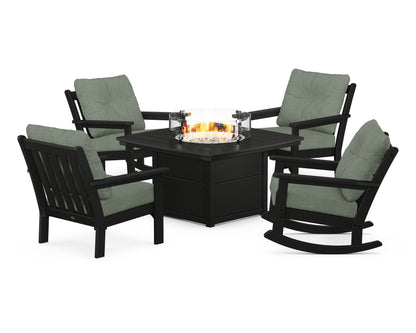 POLYWOOD® Vineyard 5-Piece Deep Seating Rocking Chair Conversation Set with Fire Pit Table in Black / Cast Sage