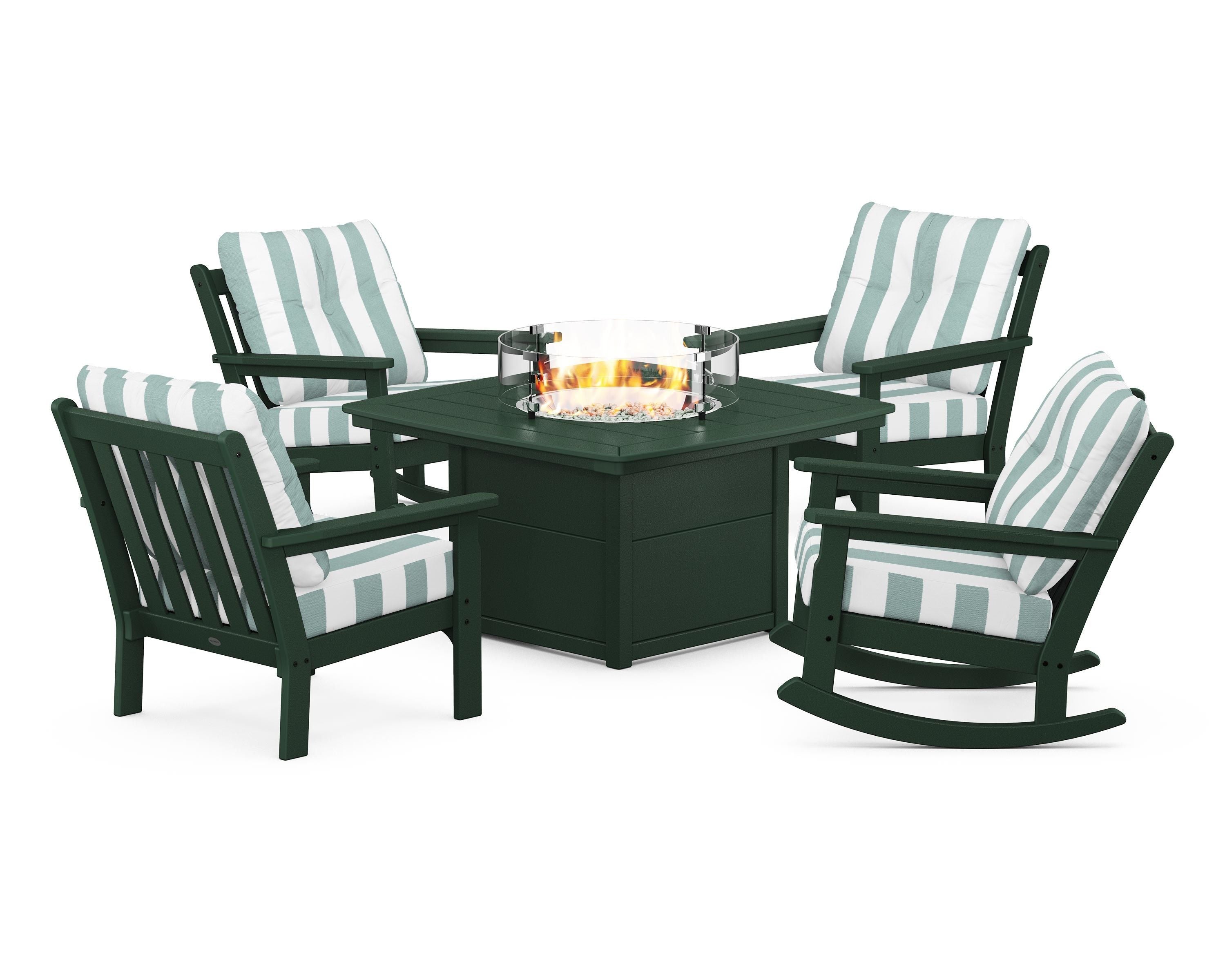 POLYWOOD® Vineyard 5-Piece Deep Seating Rocking Chair Conversation Set with Fire Pit Table in Green / Cabana Stripe Glacier Spa