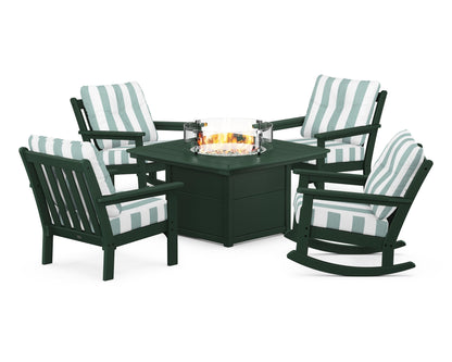 POLYWOOD® Vineyard 5-Piece Deep Seating Rocking Chair Conversation Set with Fire Pit Table in Green / Cabana Stripe Glacier Spa