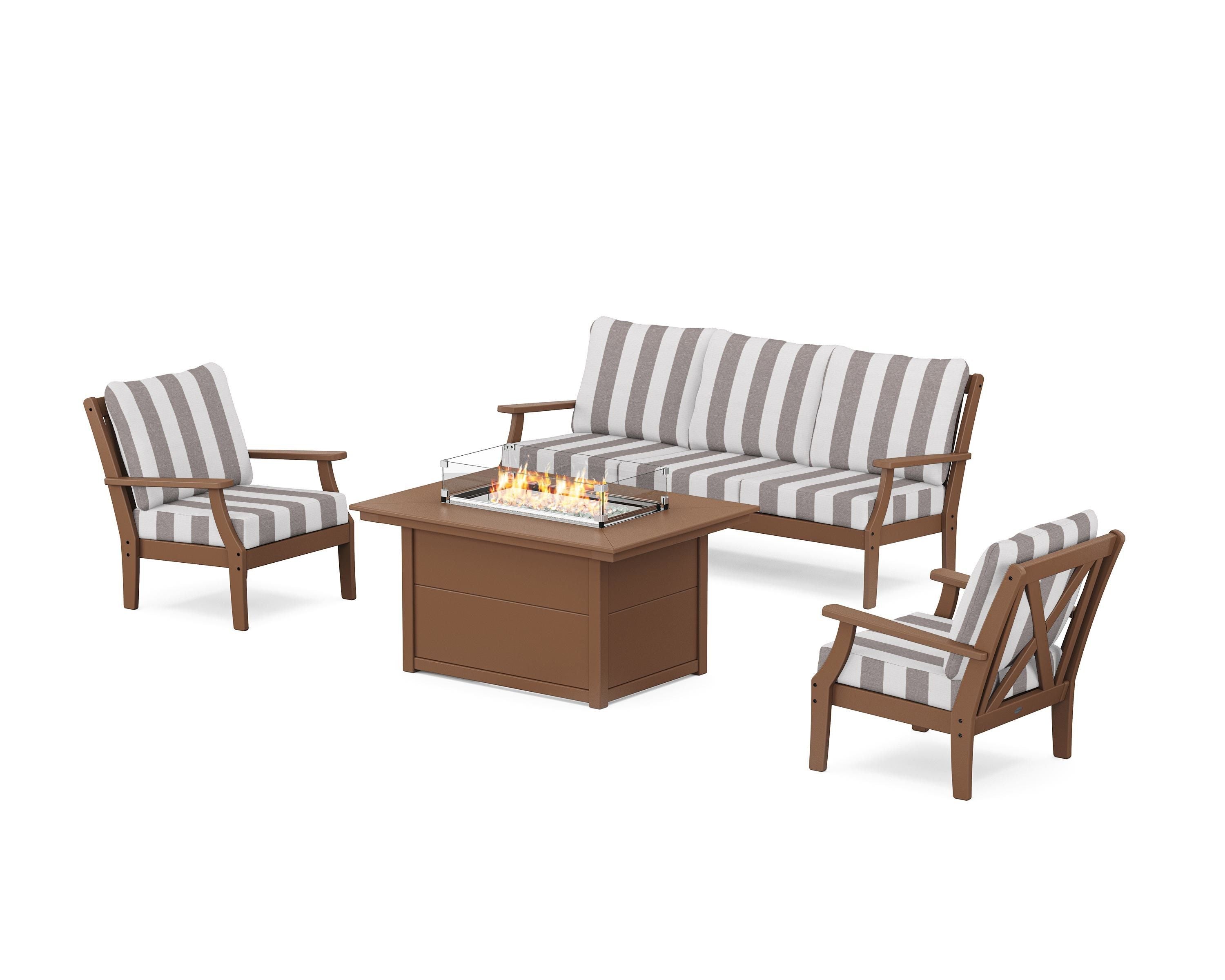 POLYWOOD® Braxton Deep Seating Fire Pit Table Set in Teak / Cabana Stripe Grey Mist