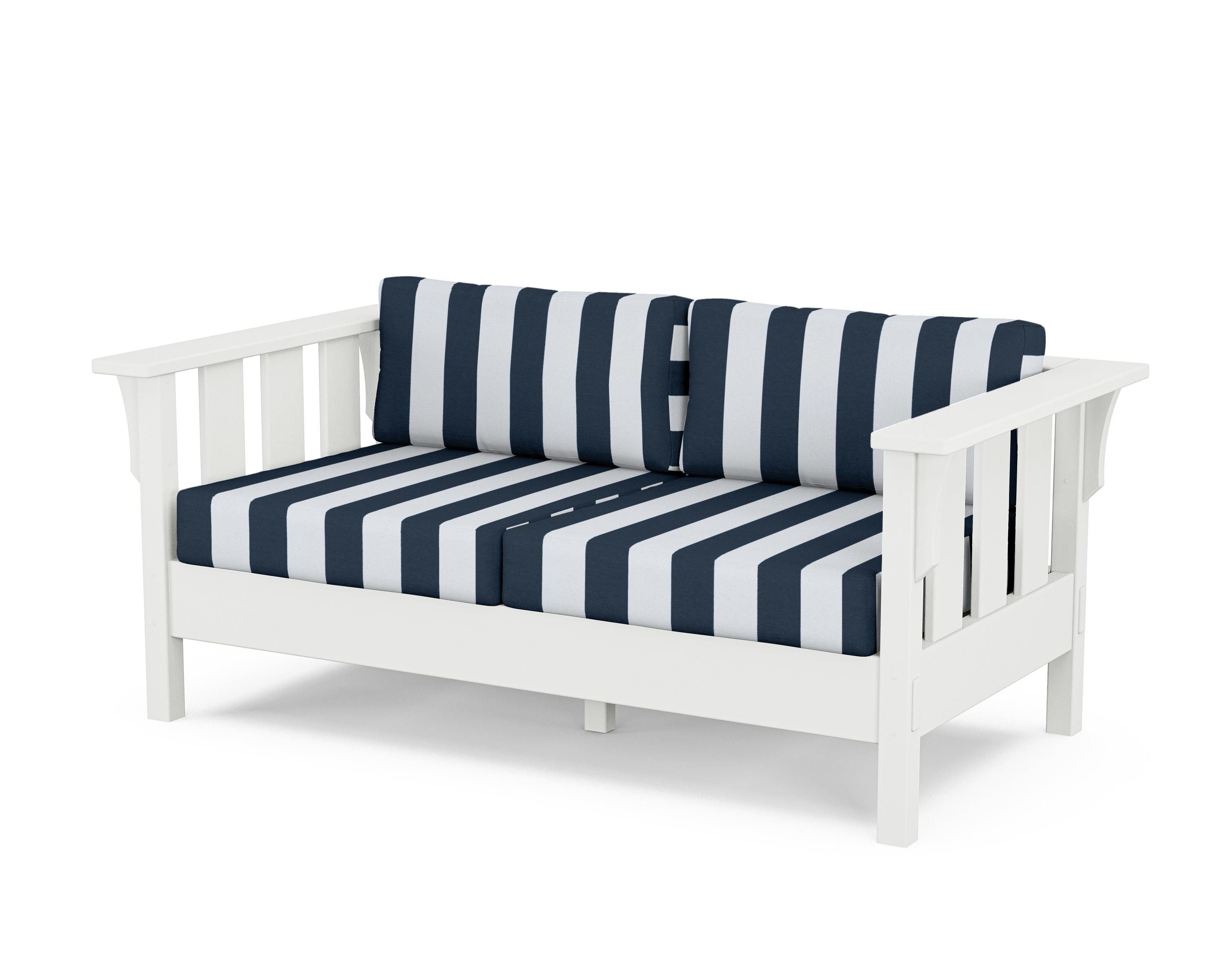 Martha Stewart by POLYWOOD® Acadia Deep Seating Loveseat in White / Cabana Stripe Marine Indigo