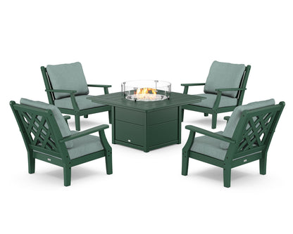 Country Living Wovendale 5-Piece Deep Seating Set with Fire Pit Table in Green / Glacier Spa