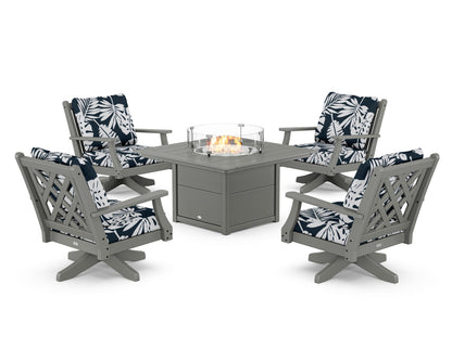 Country Living Wovendale 5-Piece Deep Seating Swivel Conversation Set with Fire Pit Table in Slate Grey / Leaf Marine Indigo