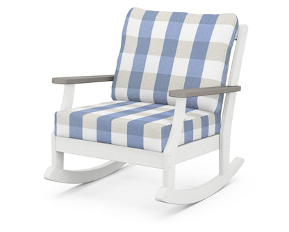 POLYWOOD® Braxton Deep Seating Rocking Chair in White / Driftwood / Buffalo Plaid Sky Blue