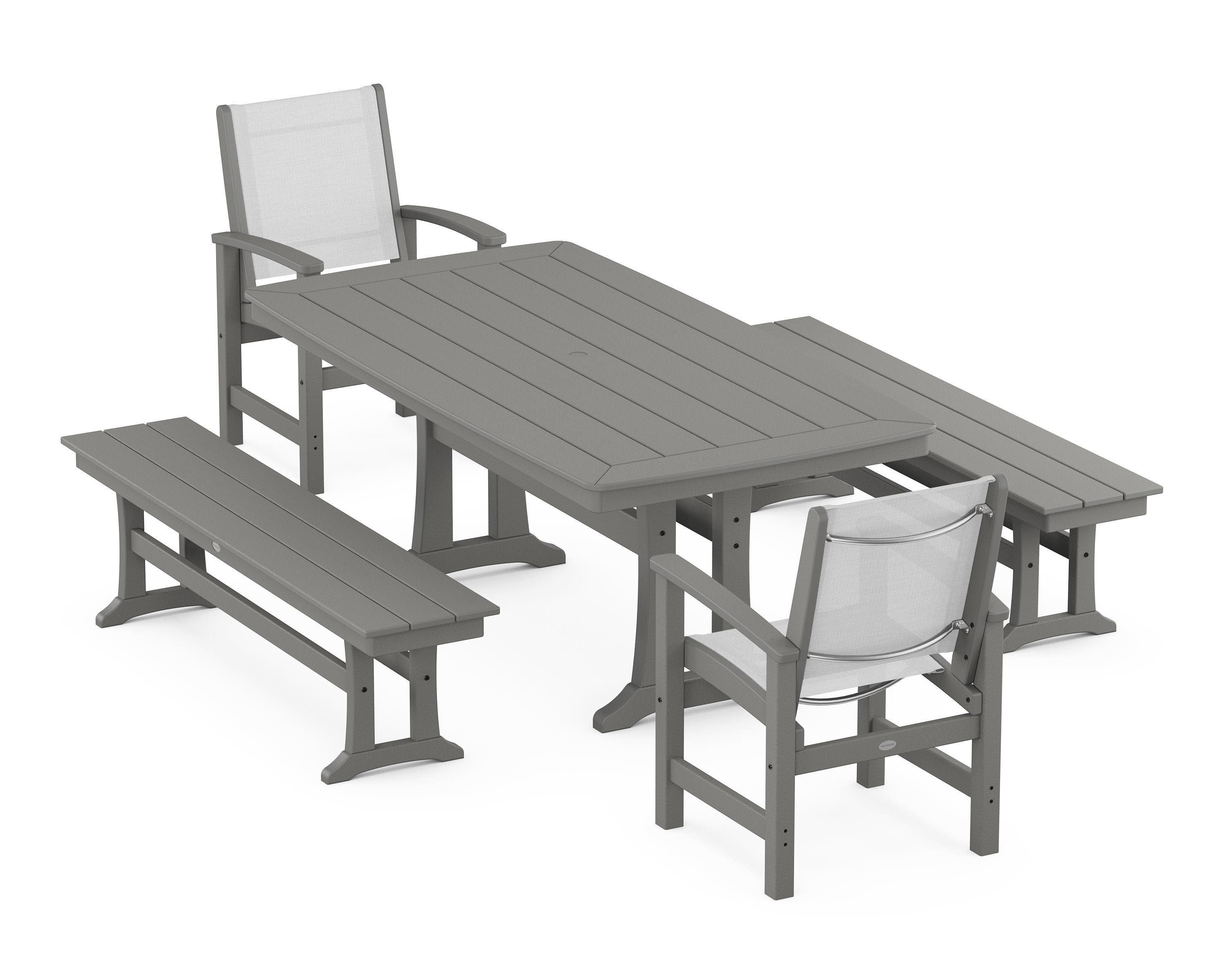 POLYWOOD® Coastal 5-Piece Dining Set with Trestle Legs and Benches in Slate Grey / White Sling