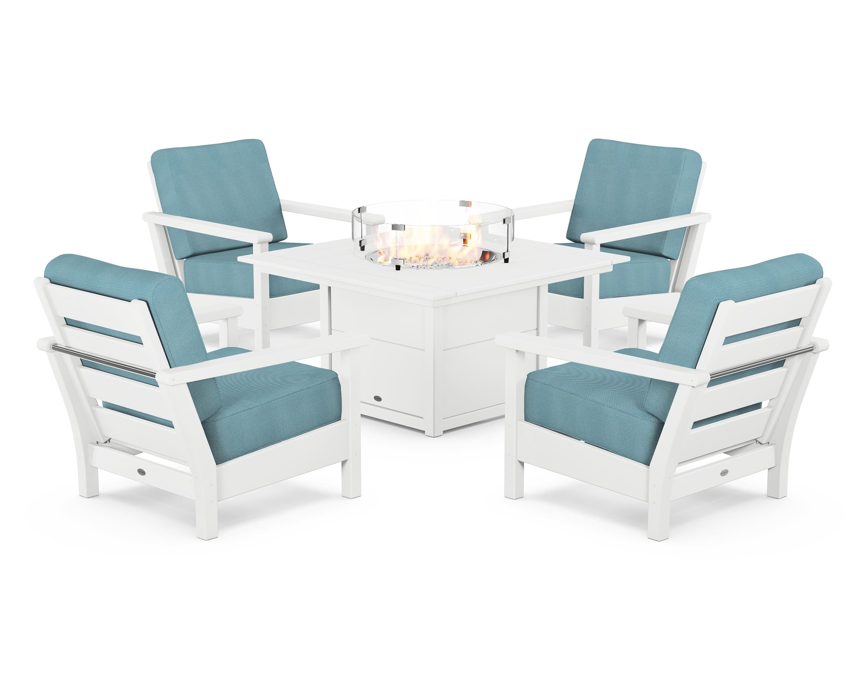 POLYWOOD® Harbour 5-Piece Conversation Set with Fire Pit Table in White / Lattice Sky Blue