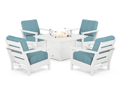 POLYWOOD® Harbour 5-Piece Conversation Set with Fire Pit Table in White / Lattice Sky Blue