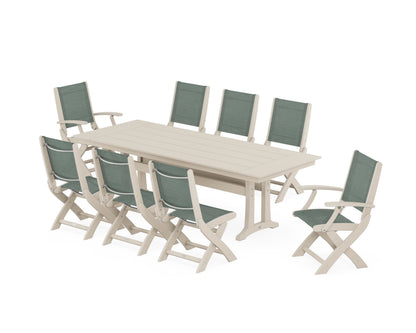 POLYWOOD® Coastal 9-Piece Folding Dining Chair Farmhouse Dining Set with Trestle Legs in Sand / Dupioni Sea Mist Sling