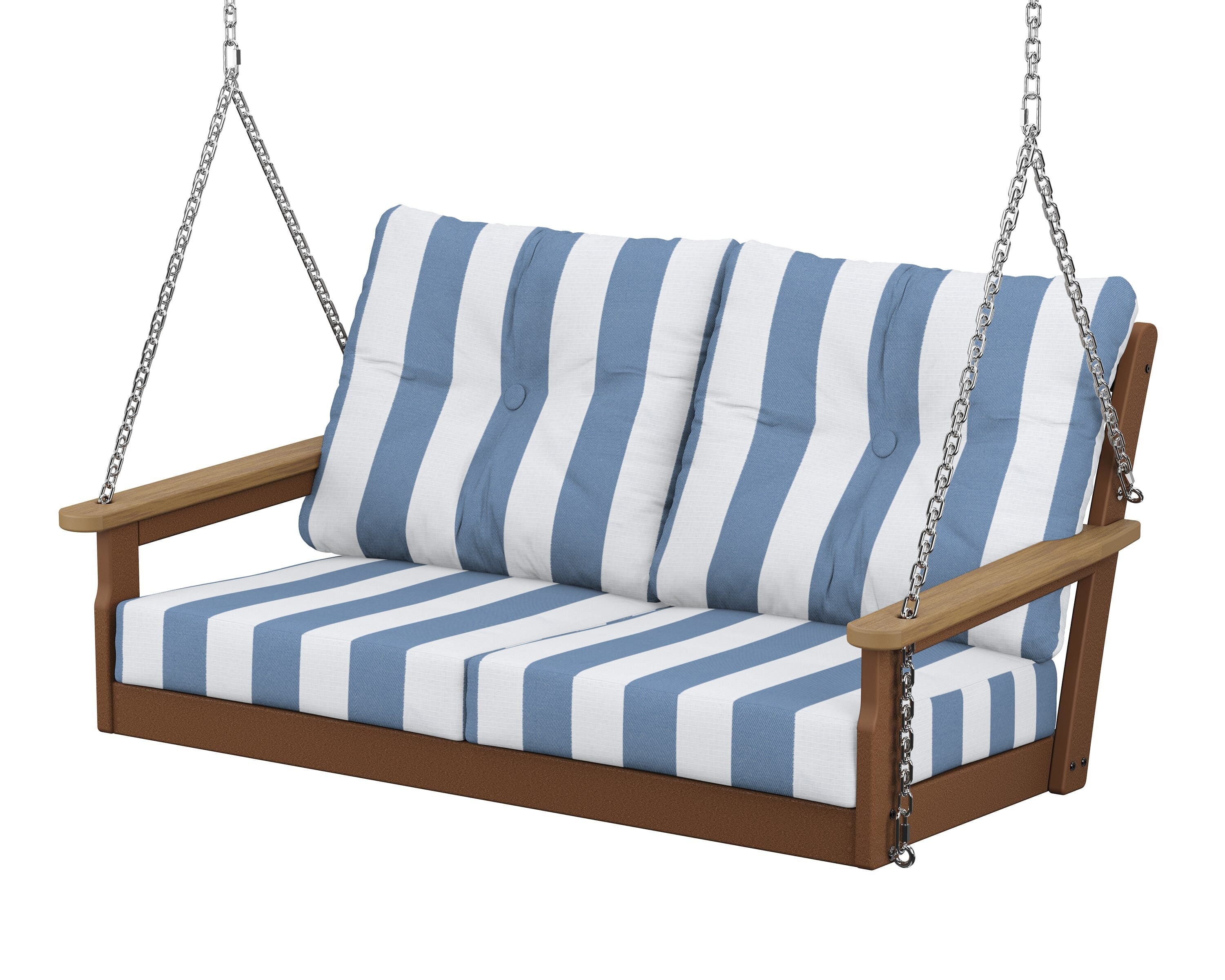 POLYWOOD® Vineyard Deep Seating Swing in Teak / Natural / Cabana Stripe Sky Blue