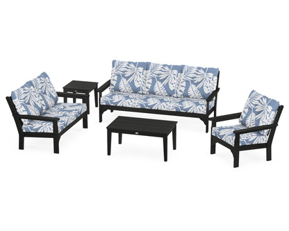 POLYWOOD® Vineyard 5 Piece Deep Seating Set in Black / Leaf Sky Blue