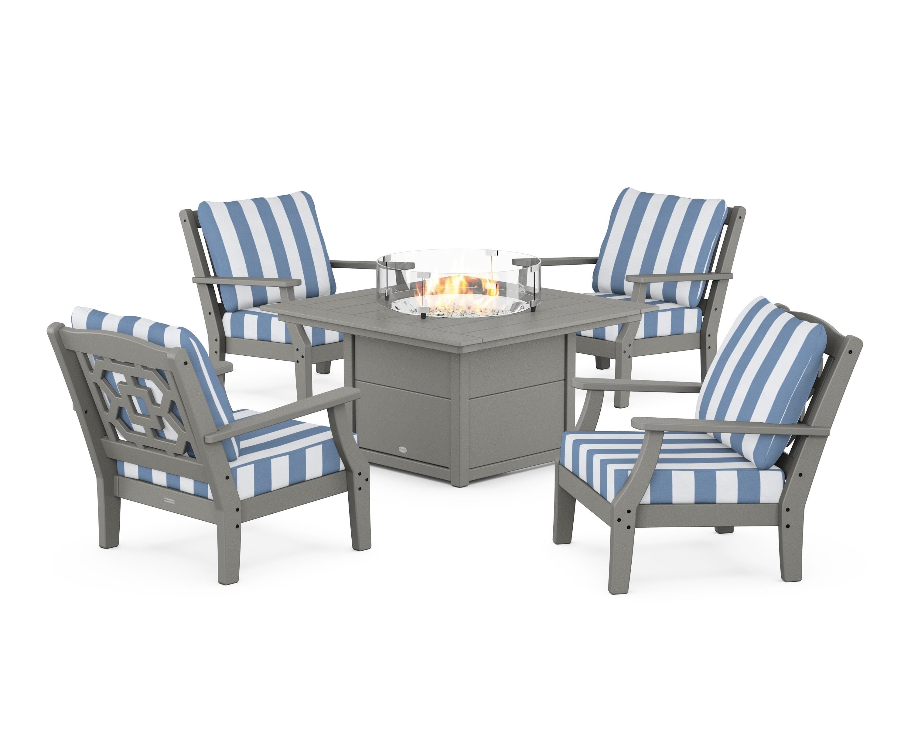 Martha Stewart by POLYWOOD® Chinoiserie 5-Piece Deep Seating Set with Fire Pit Table in Slate Grey / Cabana Stripe Sky Blue