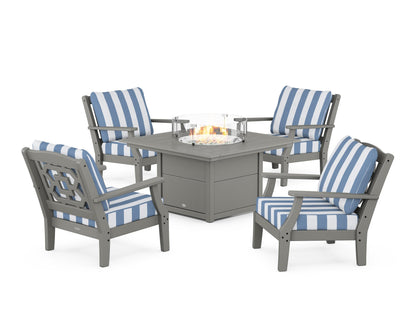 Martha Stewart by POLYWOOD® Chinoiserie 5-Piece Deep Seating Set with Fire Pit Table in Slate Grey / Cabana Stripe Sky Blue
