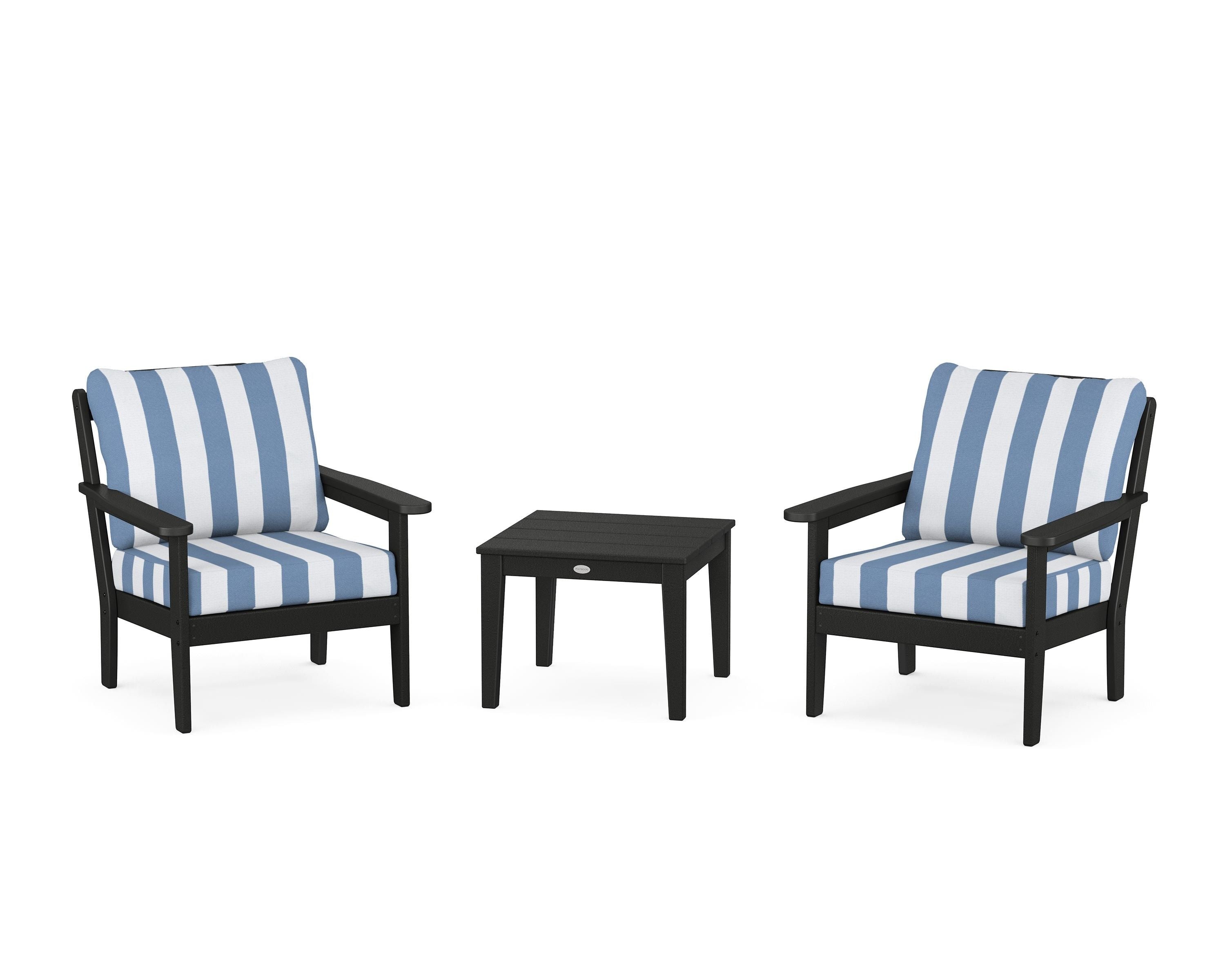 Country Living Cottage 3-Piece Deep Seating Set in Black / Cabana Stripe Sky Blue