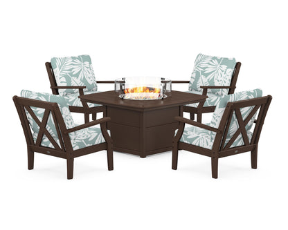POLYWOOD® Braxton 5-Piece Deep Seating Conversation Set with Fire Pit Table in Mahogany / Leaf Glacier Spa