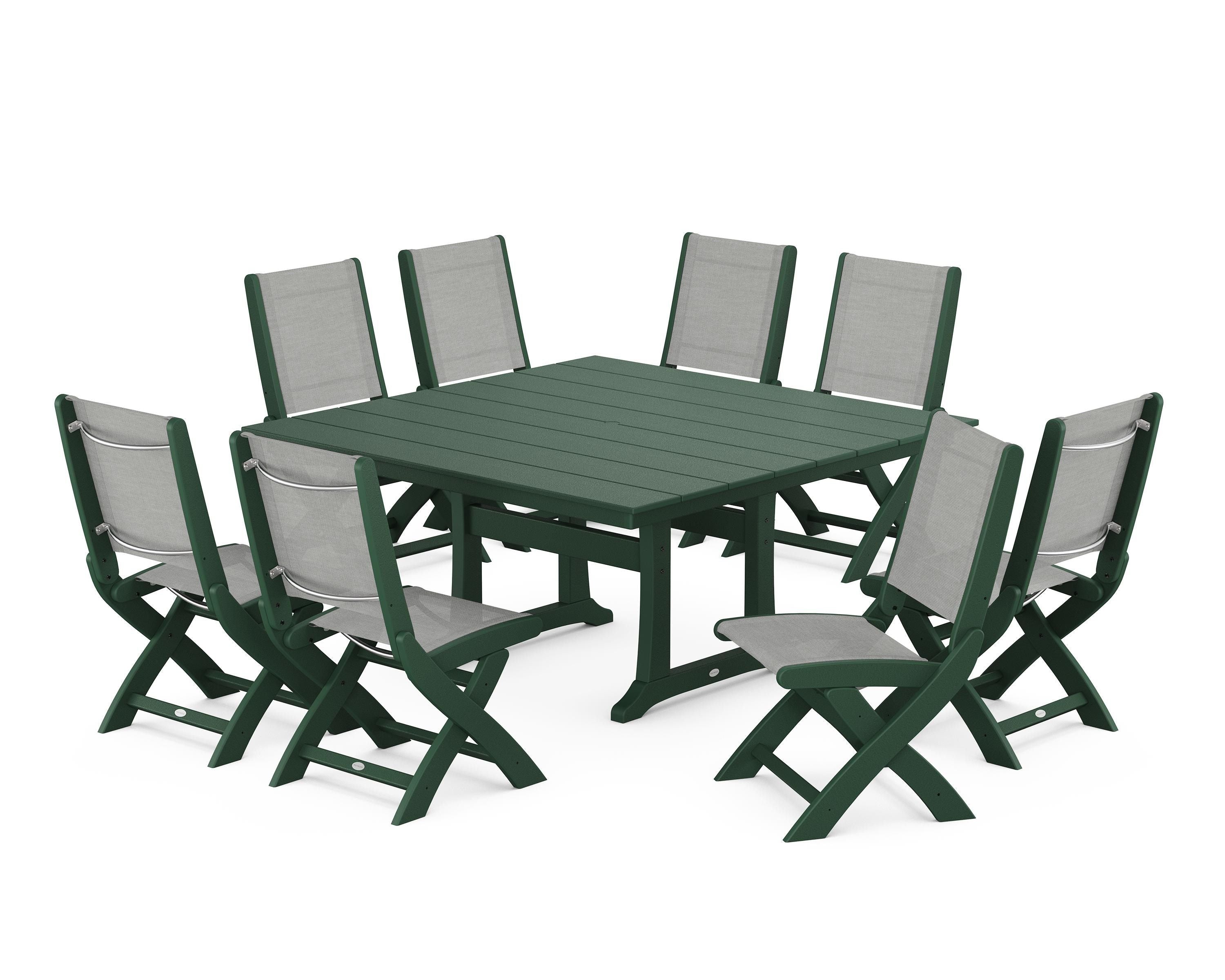 POLYWOOD® Coastal Folding Side Chair 9-Piece Farmhouse Dining Set in Green / Metallic Sling