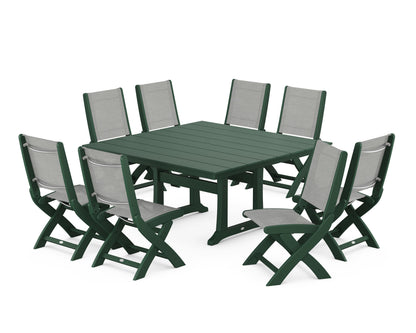POLYWOOD® Coastal Folding Side Chair 9-Piece Farmhouse Dining Set in Green / Metallic Sling