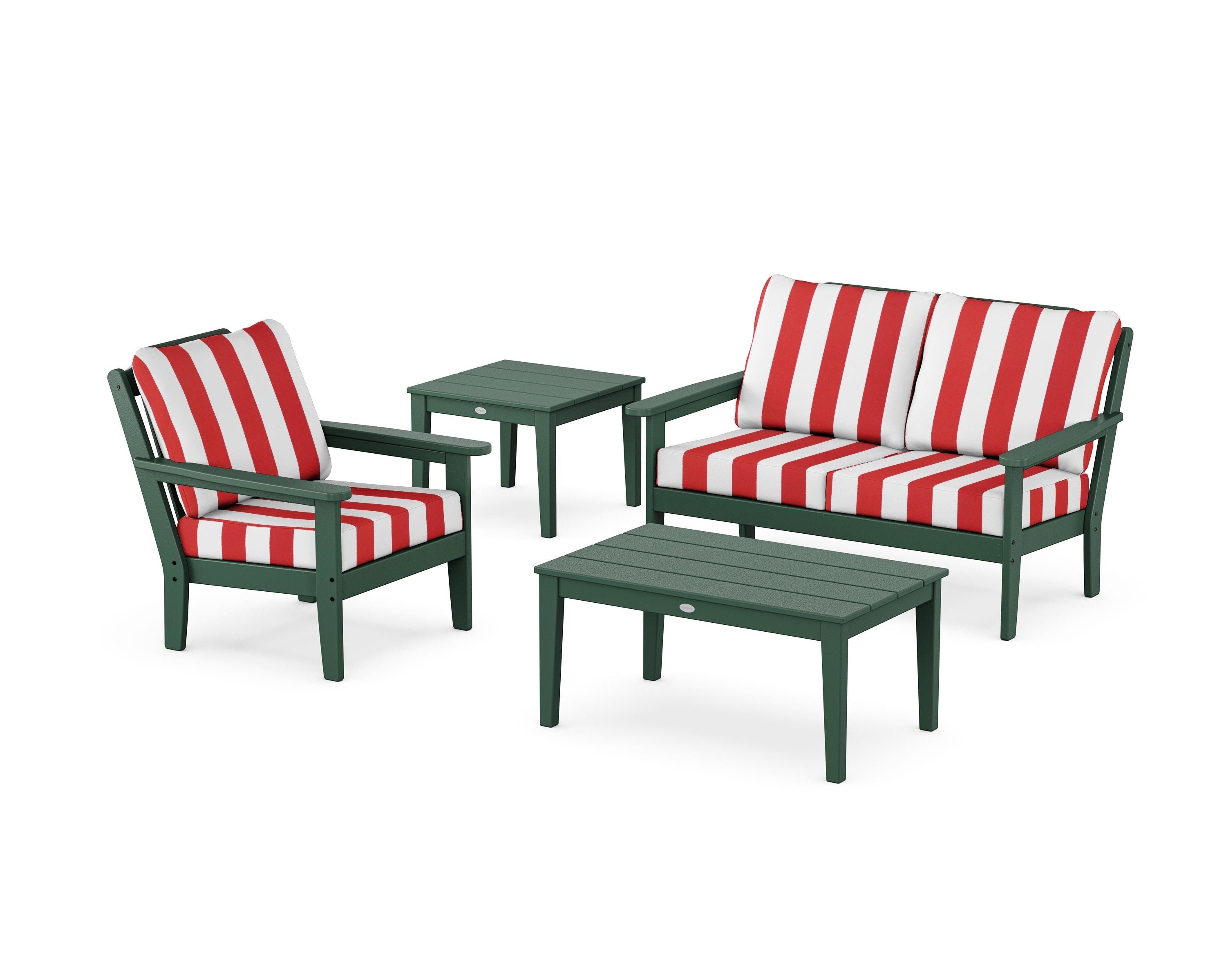 Country Living Wovendale 4-Piece Deep Seating Set in Green / Cabana Stripe Crimson