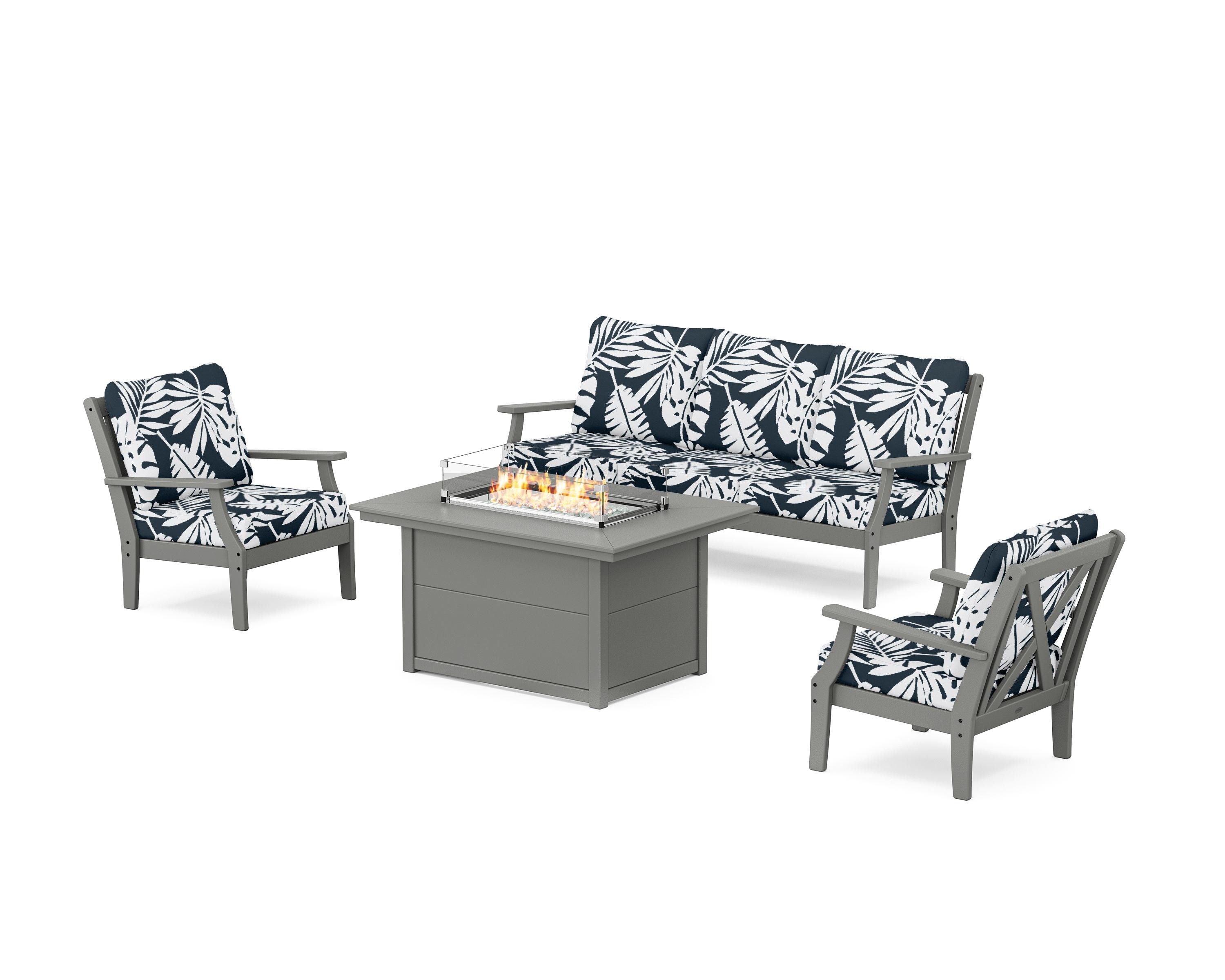 POLYWOOD® Braxton Deep Seating Fire Pit Table Set in Slate Grey / Leaf Marine Indigo