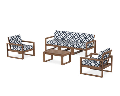 POLYWOOD® EDGE Sectional 4-Piece Deep Seating Set with Sofa in Teak / Trellis Marine Indigo