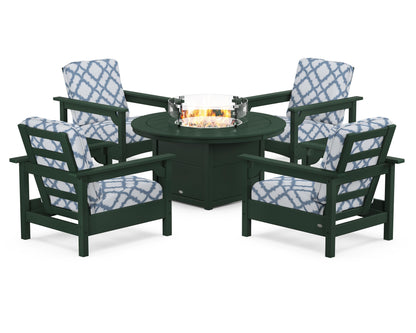 POLYWOOD® Club 5-Piece Conversation Set with Fire Pit Table in Green / Trellis Sky Blue