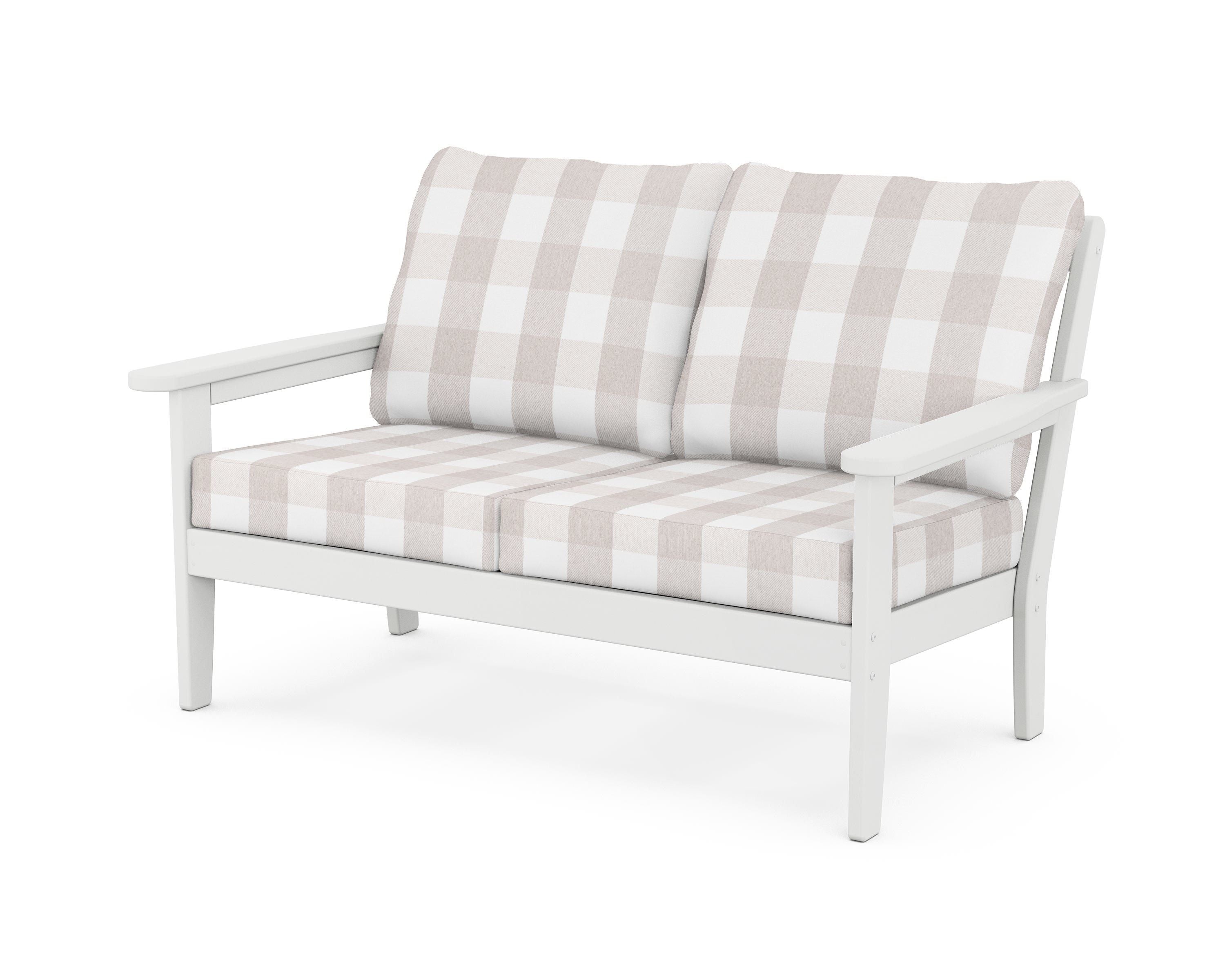 Country Living Cottage Deep Seating Loveseat in White / Buffalo Plaid Dune Burlap