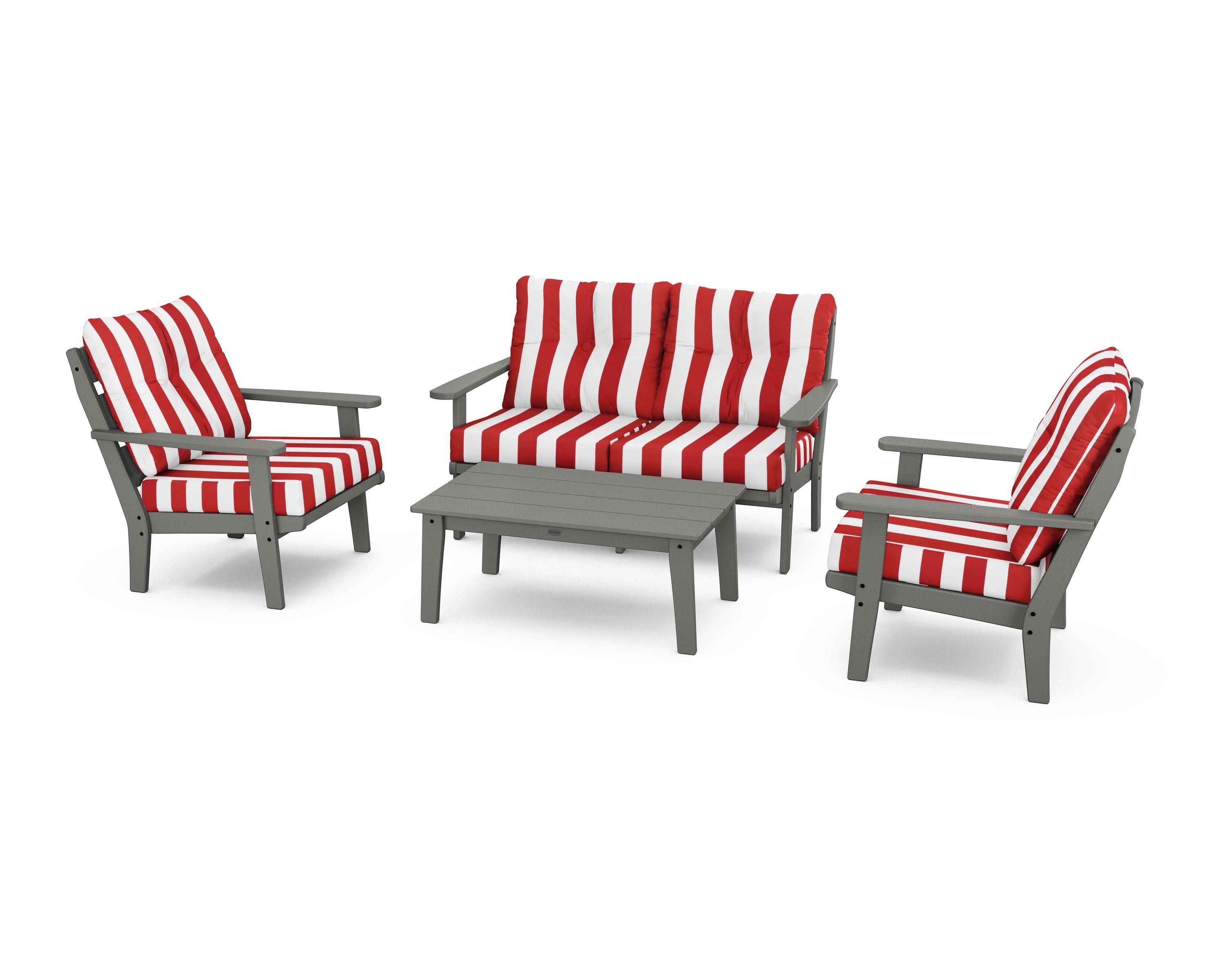 POLYWOOD® Lakeside 4-Piece Deep Seating Set in Slate Grey / Cabana Stripe Crimson