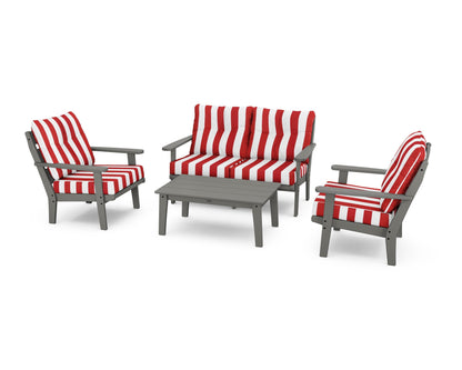POLYWOOD® Lakeside 4-Piece Deep Seating Set in Slate Grey / Cabana Stripe Crimson