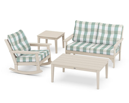 POLYWOOD® Vineyard 4-Piece Deep Seating Rocker Set in Sand / Buffalo Plaid Glacier Spa