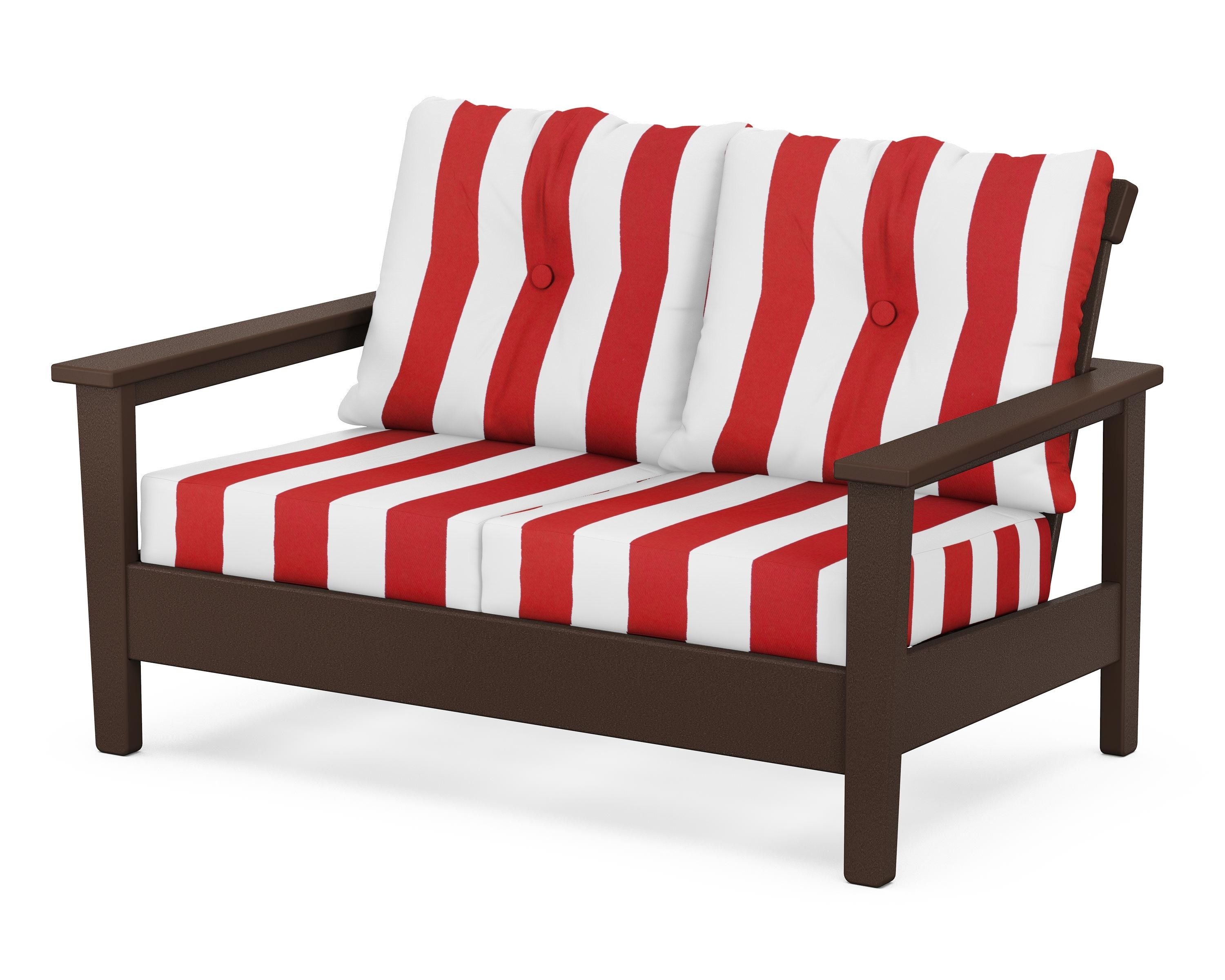 POLYWOOD® Prescott Deep Seating Loveseat in Mahogany / Cabana Stripe Crimson