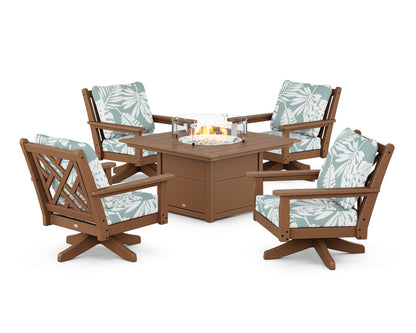 POLYWOOD® Chippendale 5-Piece Deep Seating Swivel Conversation Set with Fire Pit Table in Teak / Leaf Glacier Spa
