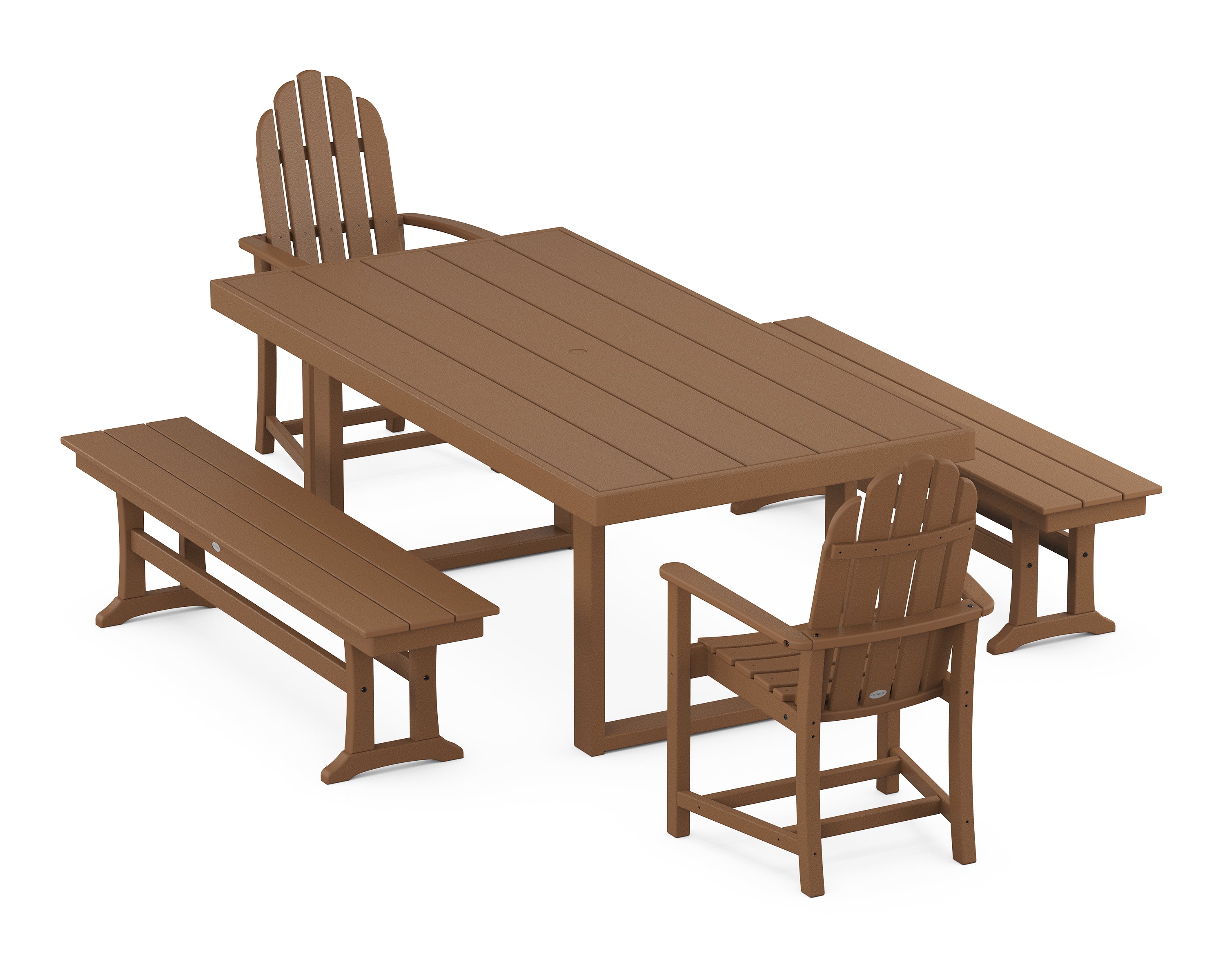 POLYWOOD® Classic Adirondack 5-Piece Dining Set with Benches in Teak