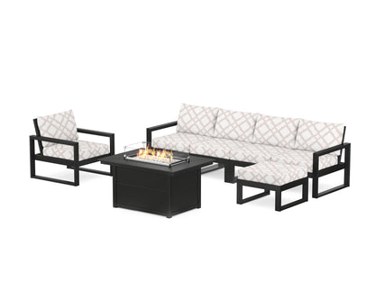POLYWOOD® EDGE Sectional Lounge and Fire Pit Set in Black / Trellis Dune Burlap