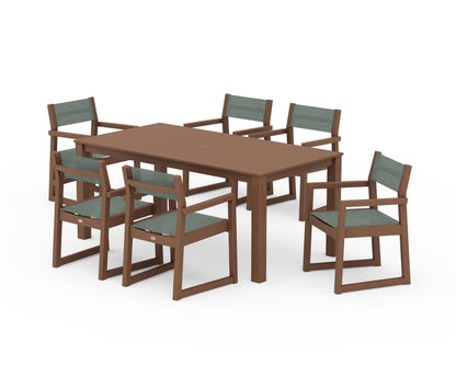 POLYWOOD® EDGE Sling Arm Chair 7-Piece Parsons Dining Set in Teak / Dupioni Sea Mist Sling