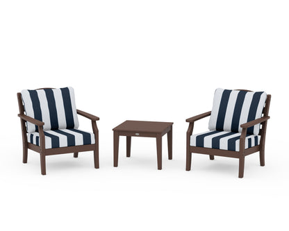 Draper James™ by  POLYWOOD® Savannah 3-Piece Deep Seating Set in Mahogany / Cabana Stripe Marine Indigo
